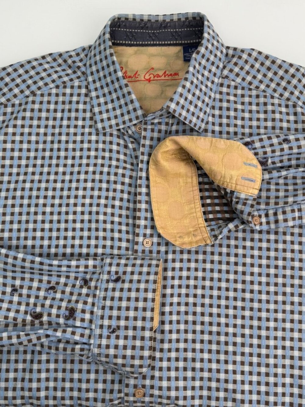Robert Graham Blue Plaid Cotton Shirt L Gold Silk Cuff Embroidered